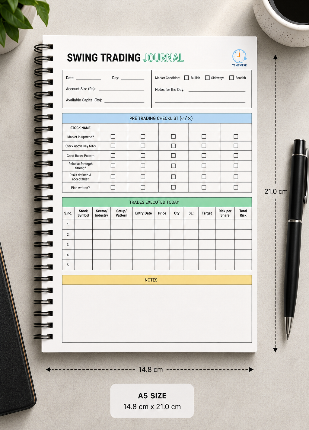 Timewise Stock Market Swing Trading Journal A5 Size