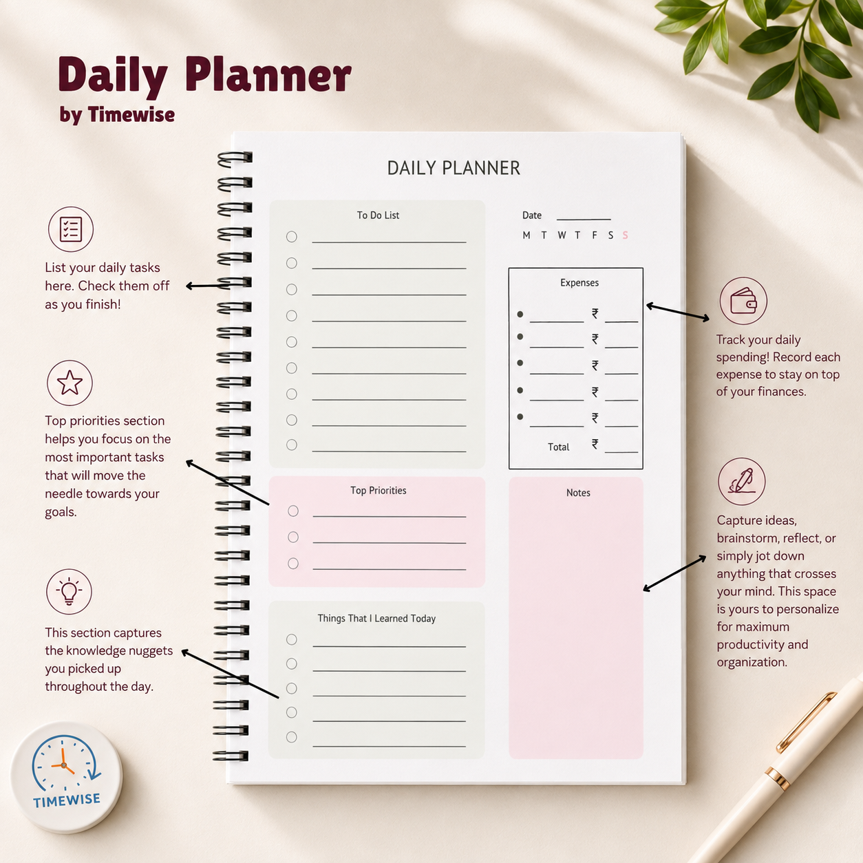 Timewise Minimalist Daily Planner Schedule your Day A5 Size
