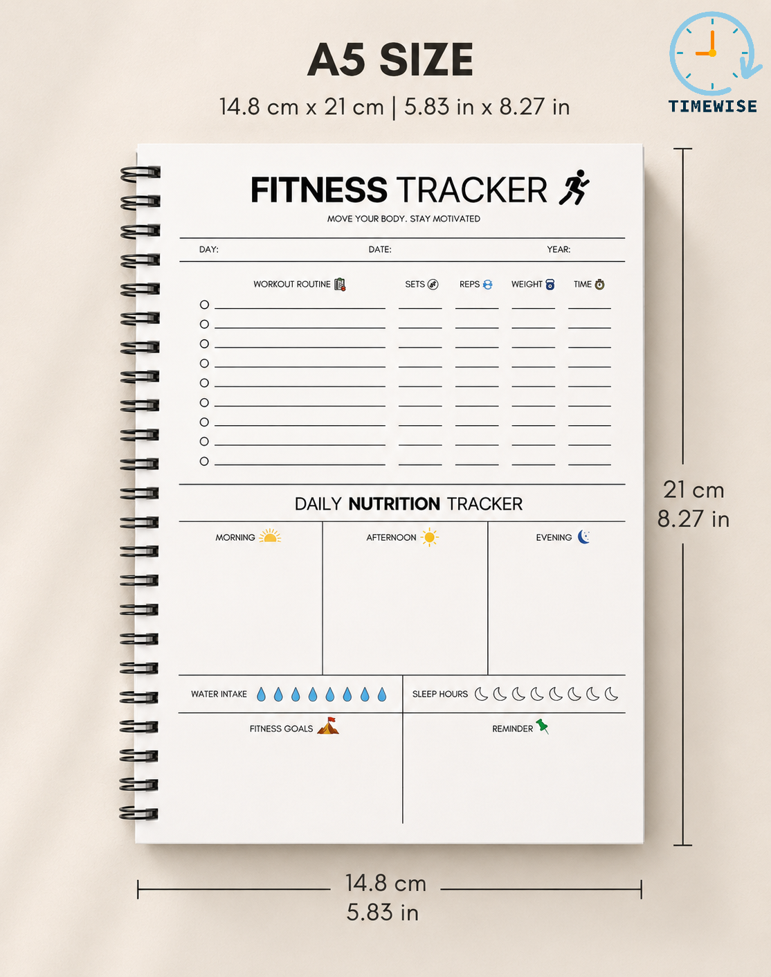 Timewise Fitness Planner Workout Journal A5 Size 140 Pages