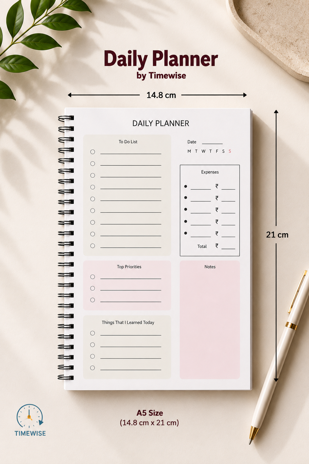 Timewise Minimalist Daily Planner Schedule your Day A5 Size