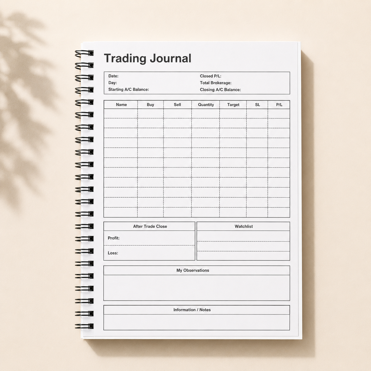 Stock Market Monochrome Trading Journal A5 Size 140 Pages
