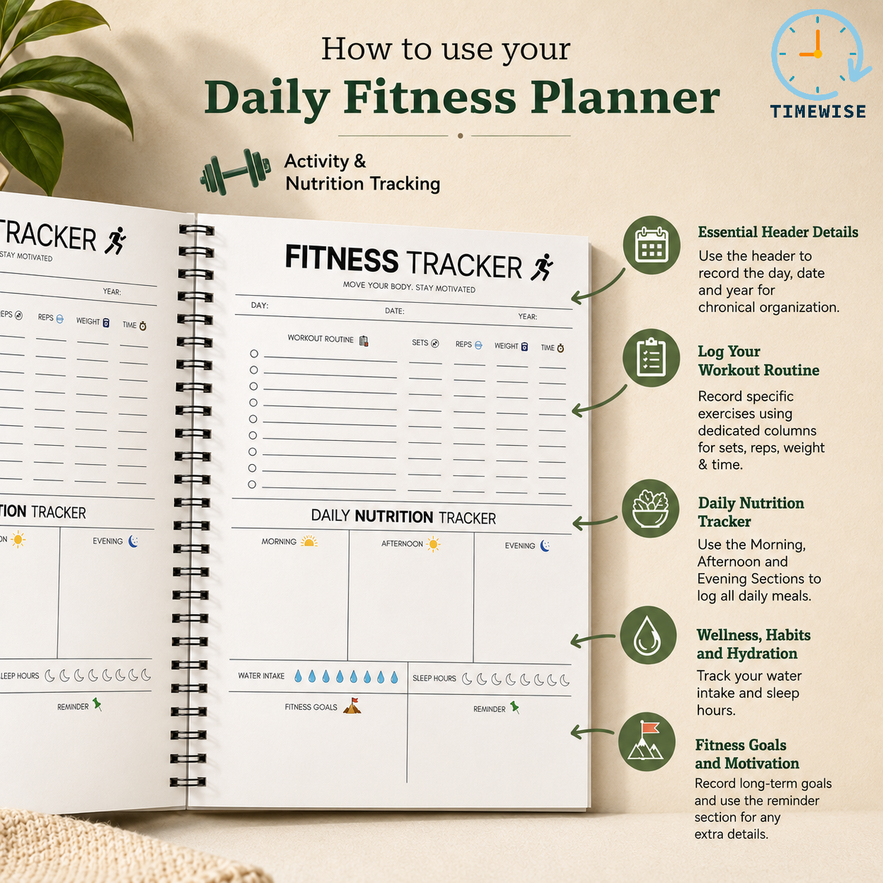 Timewise Fitness Planner Workout Journal A5 Size 140 Pages