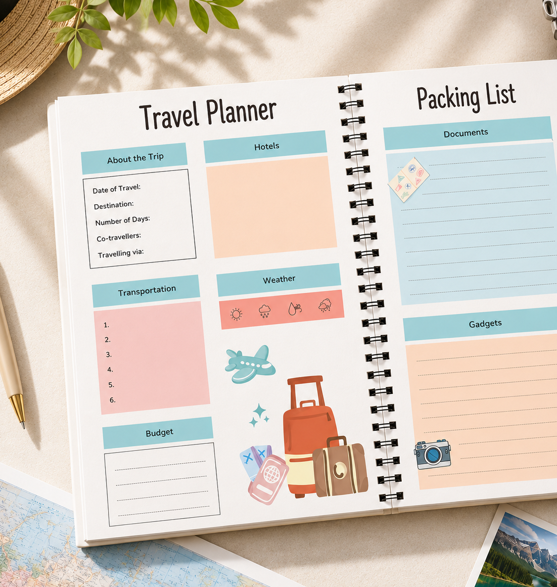 Timewise travel journal inside pages for trip planning